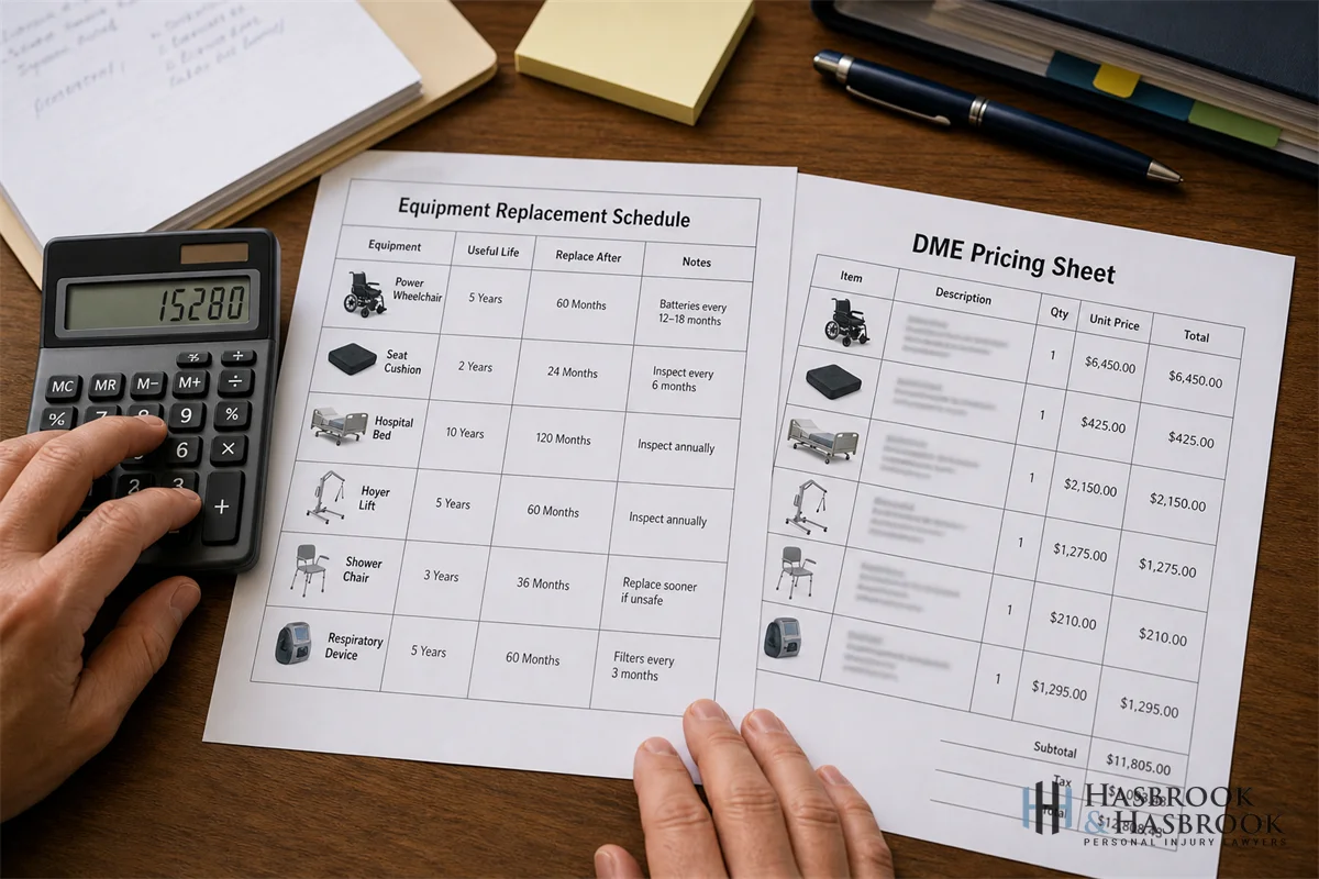hands using a calculator beside a printed equipment replacement schedule and a pricing sheet from a durable medical equipment vendor