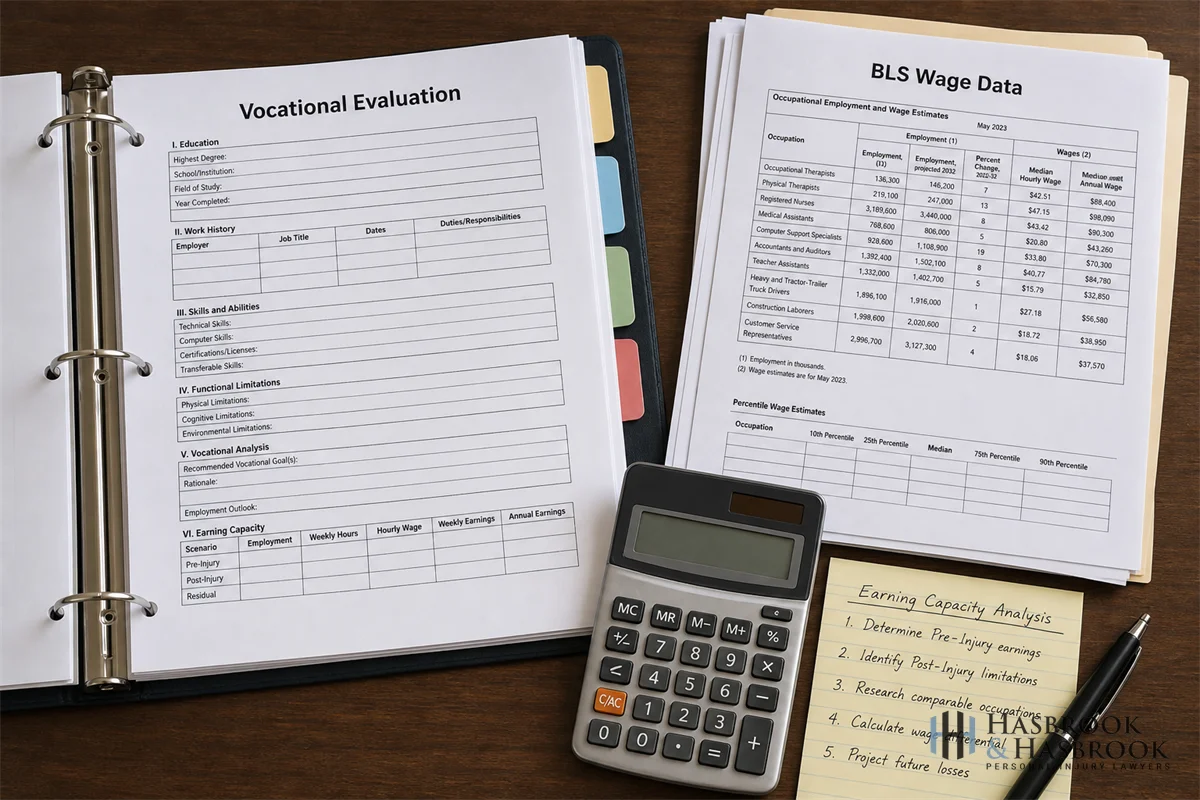 Loss of Earning Capacity After a Catastrophic Injury | Hasbrook & Hasbrook 1 Open binder with vocational evaluation worksheets, calculator, and BLS wage data printout on a desk