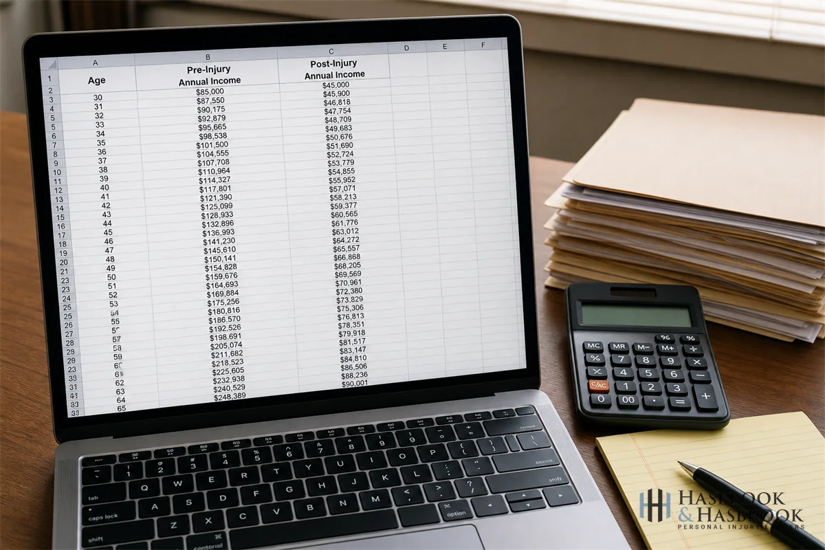 Loss of Earning Capacity After a Catastrophic Injury | Hasbrook & Hasbrook 2 Spreadsheet on a laptop screen comparing pre-injury and post-injury annual income projections by age