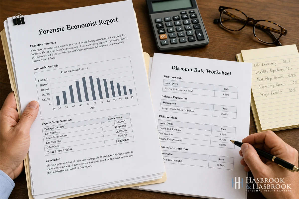 Loss of Earning Capacity After a Catastrophic Injury | Hasbrook & Hasbrook 6 Hands reviewing pages of a forensic economist report next to a discount-rate worksheet