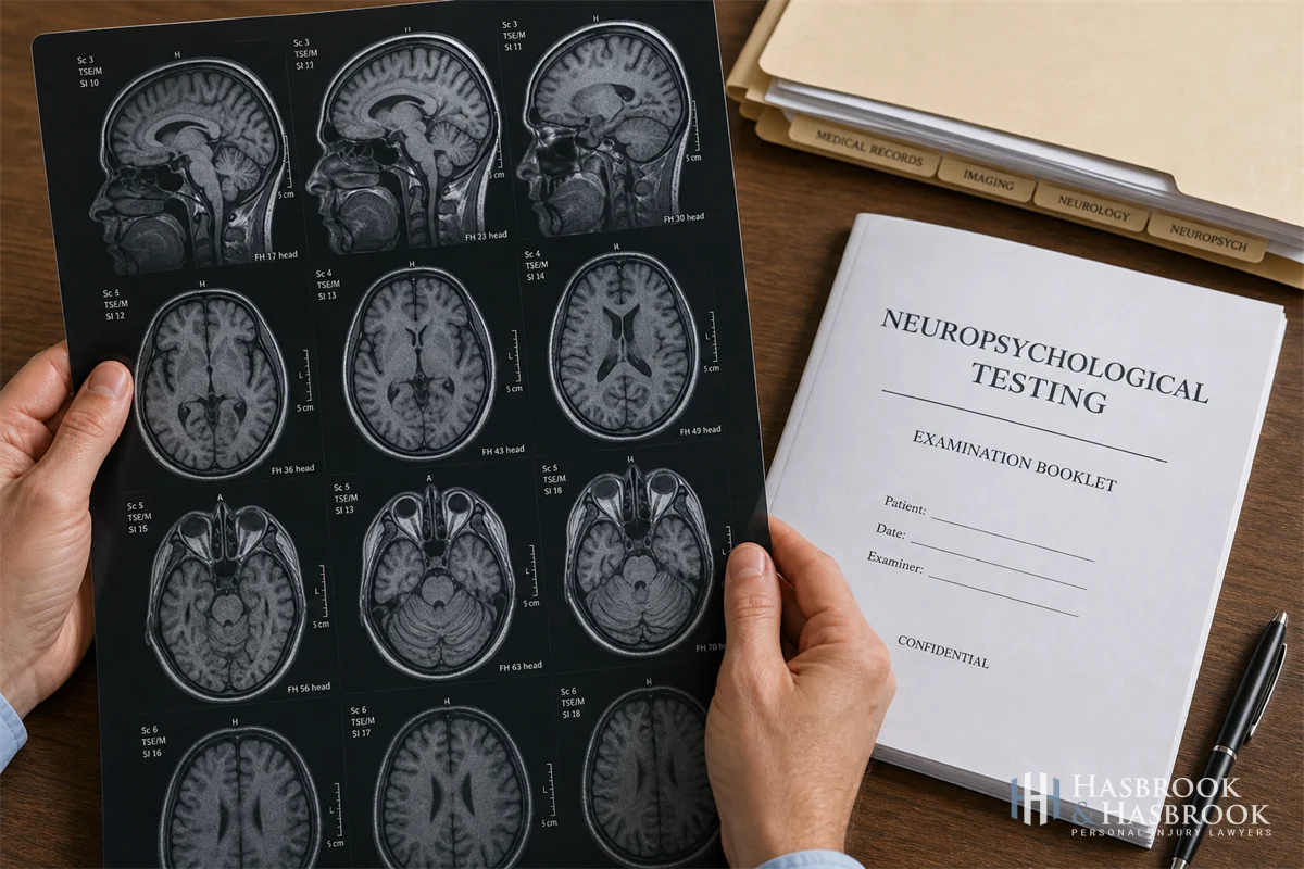 hands holding brain MRI films alongside a neuropsychological test booklet on a desk