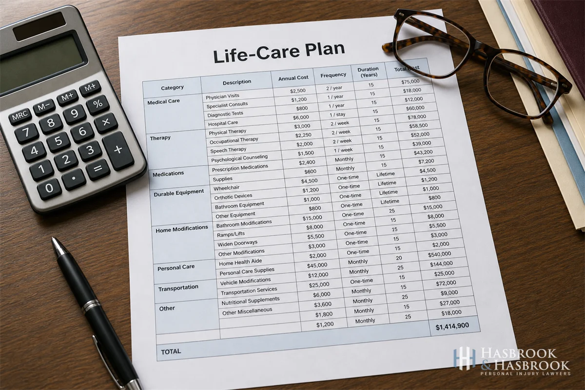 life-care plan spreadsheet on a desk with calculator, pen, and reading glasses