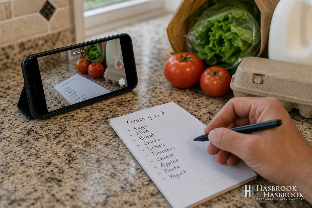 smartphone propped on a kitchen counter recording a hand attempting to follow a written grocery list