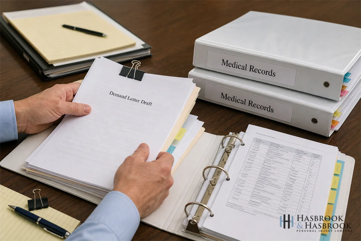hands organizing demand-letter drafts and medical record binders on a conference table