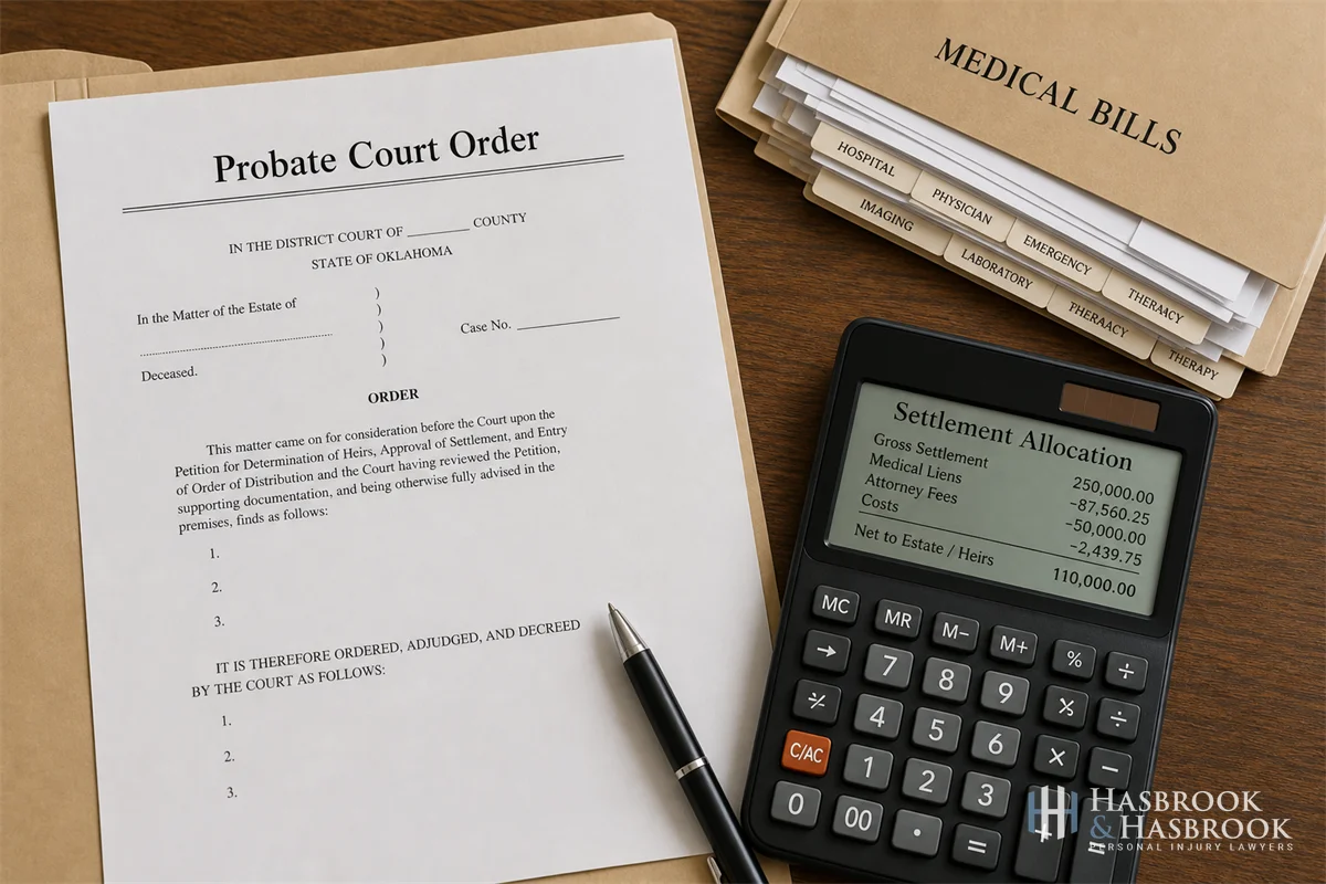 a probate court order on a desk next to a pen and a folder of medical bills, with a calculator showing a settlement allocation breakdown