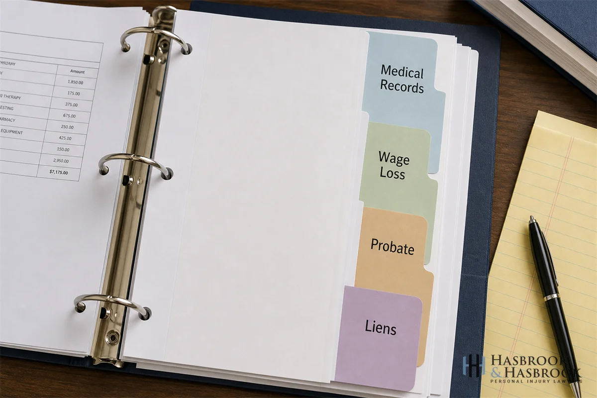 an open three-ring binder on a desk showing dividers labeled "Medical Records," "Wage Loss," "Probate," and "Liens," with paperwork and a pen visible