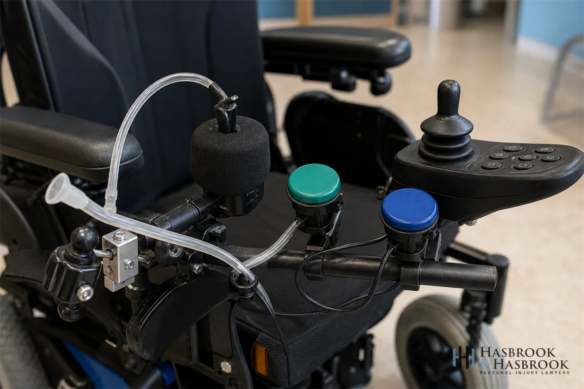Close-up of sip-and-puff controls and adaptive switches mounted on a power wheelchair