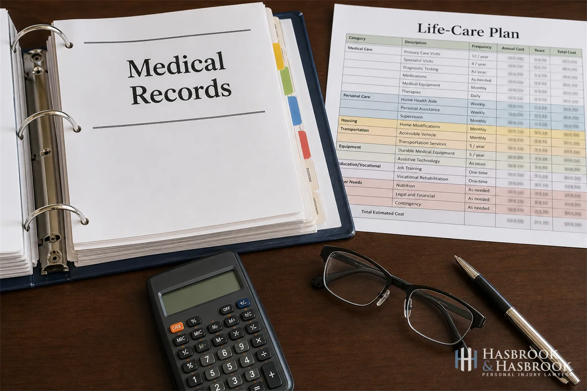 Open binder of medical records next to a life-care planning spreadsheet, calculator, and ergonomic glasses