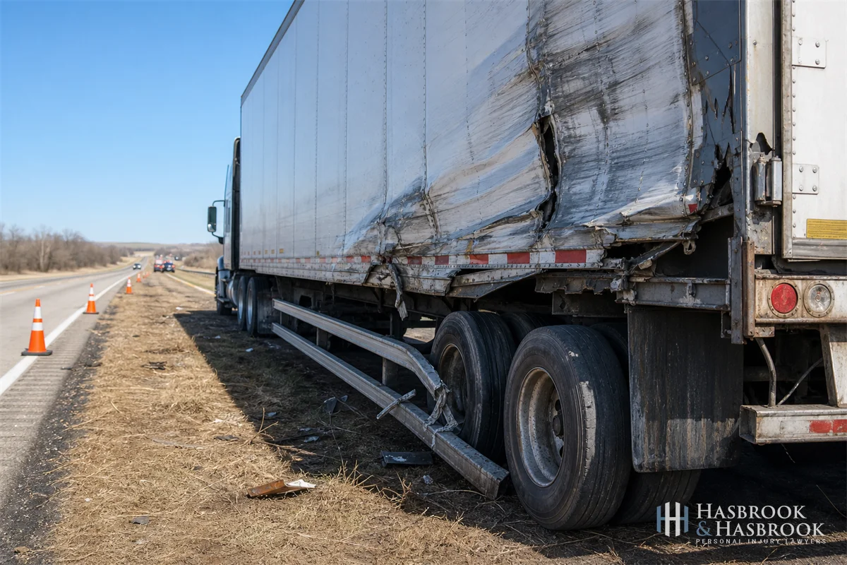 Underride Truck Accidents in Oklahoma 1 photograph of a damaged tractor-trailer trailer at a crash scene with a side guard rail visible, daytime, Oklahoma highway
