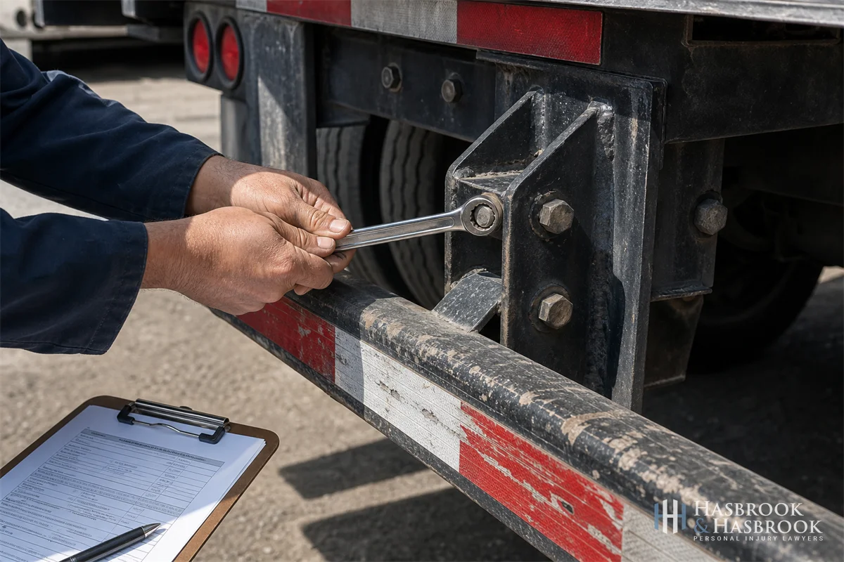 Underride Truck Accidents in Oklahoma 5 object scene of a rear underride guard inspection in progress, hands holding a wrench against a steel guard mount, daylight