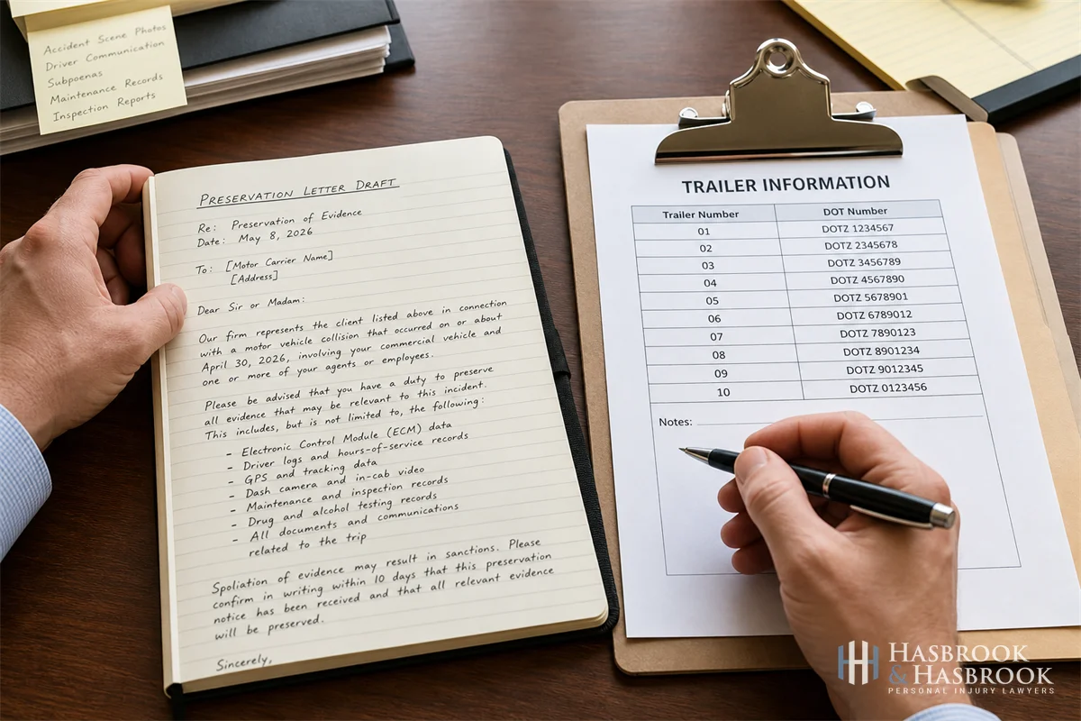 Underride Truck Accidents in Oklahoma 9 hands-on scene of an attorney's notebook with a preservation letter draft and a clipboard listing trailer DOT numbers, document close-up