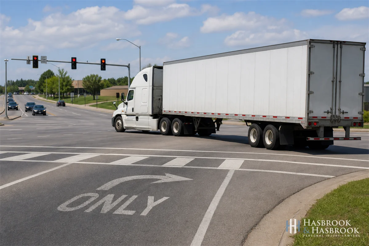 Wide-Turn Truck Crashes and Liability in Oklahoma 1 object scene of a tractor-trailer mid-right-turn at a four-way intersection with painted lane markings visible in the foreground, daytime, no visible faces