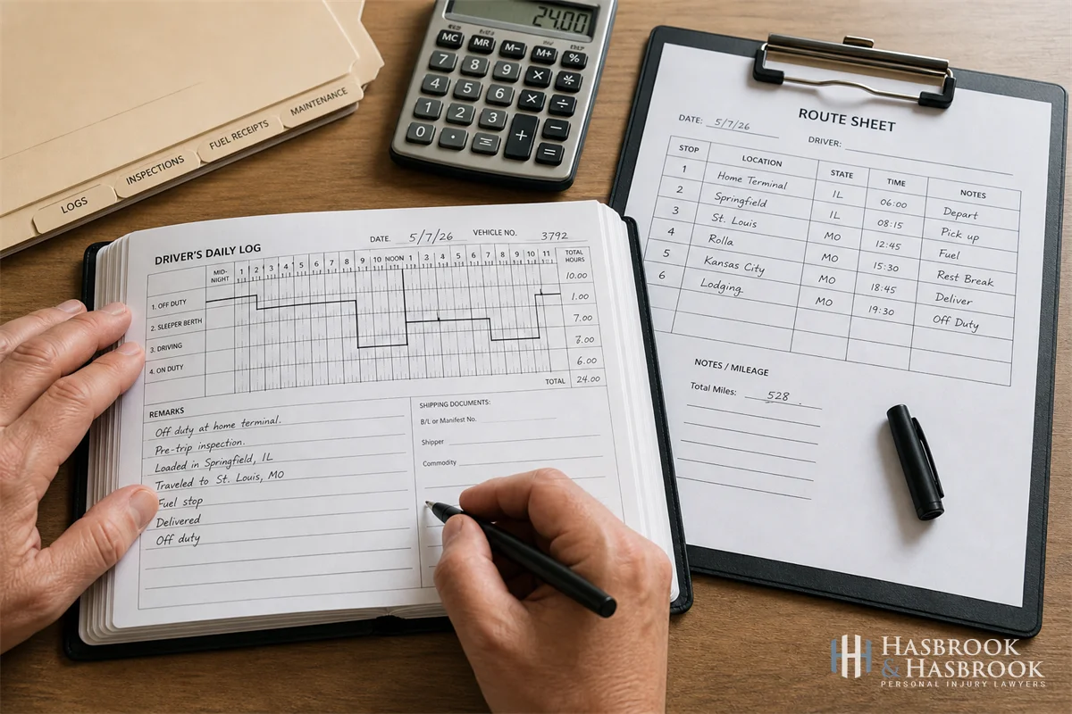 Wide-Turn Truck Crashes and Liability in Oklahoma 5 hands+document close-up of a commercial driver's logbook open beside a route sheet on a clipboard, with a calculator and pen, no faces
