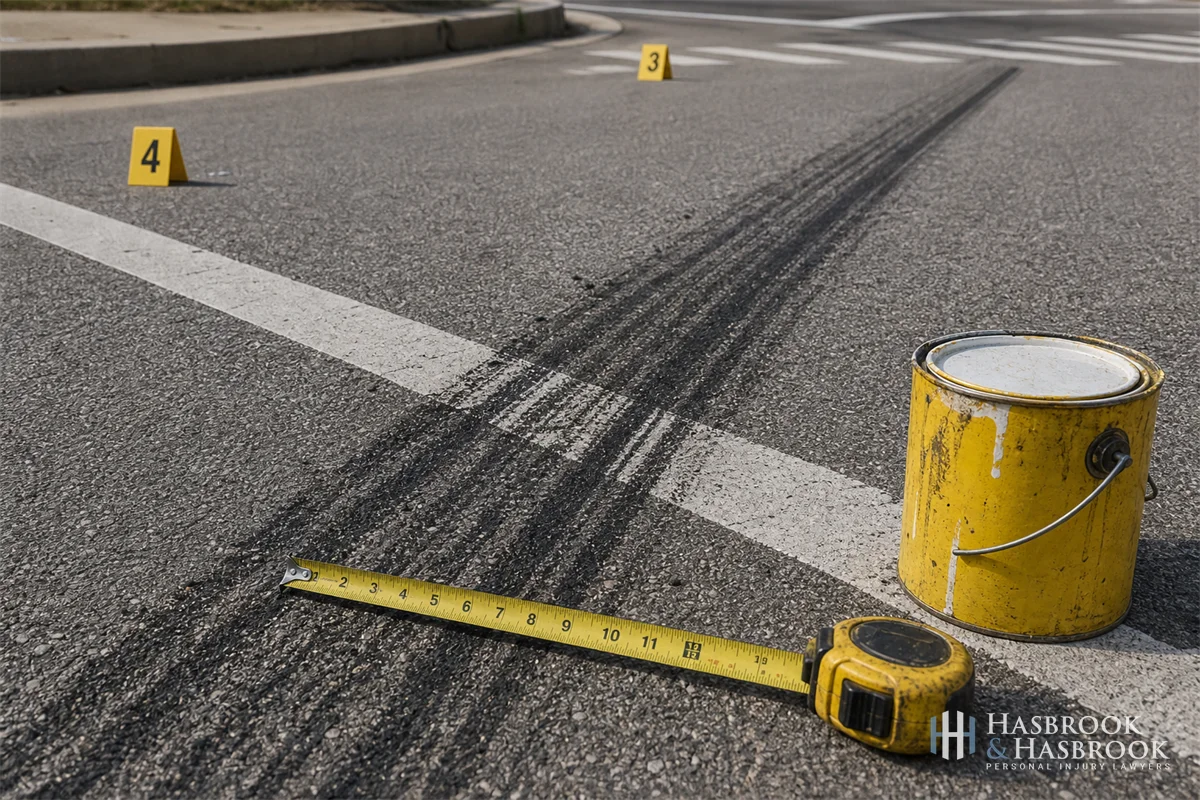 Wide-Turn Truck Crashes and Liability in Oklahoma 9 object scene at intersection showing tire scrub marks across a painted lane line and a yellow paint can with a tape measure on the asphalt, no faces