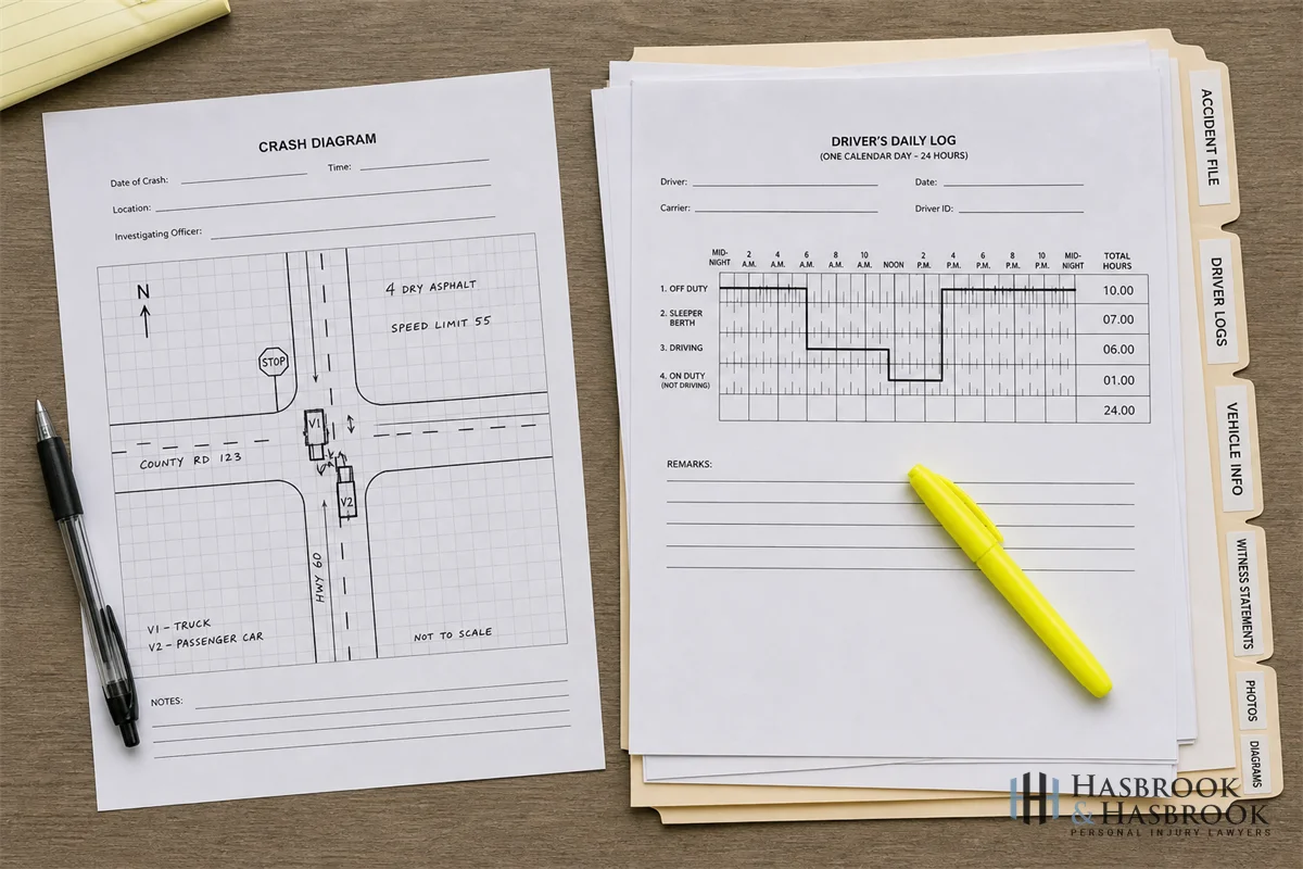 Driver daily log and crash diagram reviewed when investigating an Oklahoma commercial truck wreck