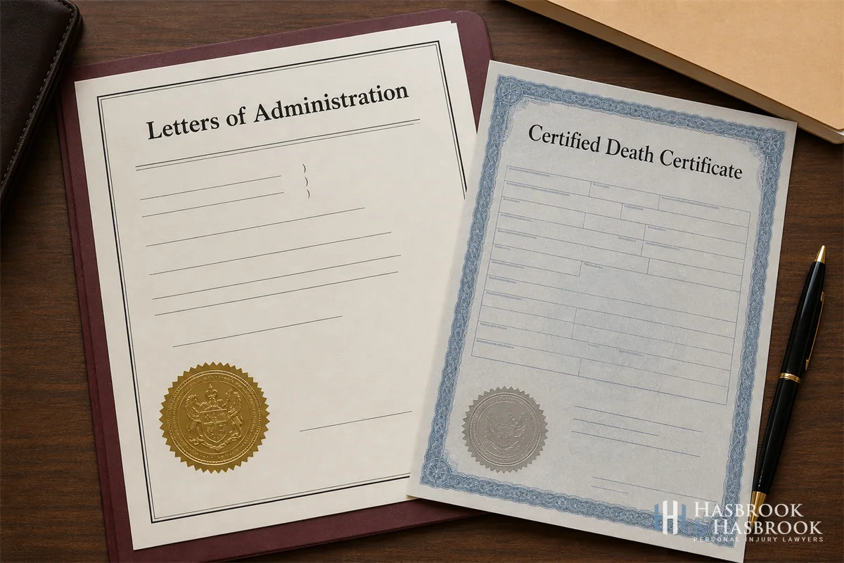 Court-issued Letters of Administration document with raised seal next to a certified death certificate
