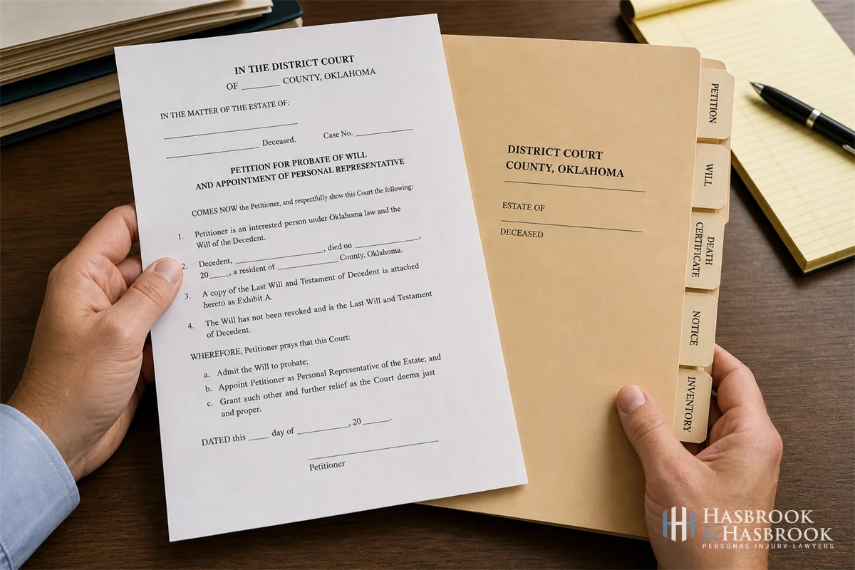 How to Open an Estate for a Wrongful Death Claim in Oklahoma 1 hands holding probate petition and a manila court folder on a desk, no faces, document close-up
