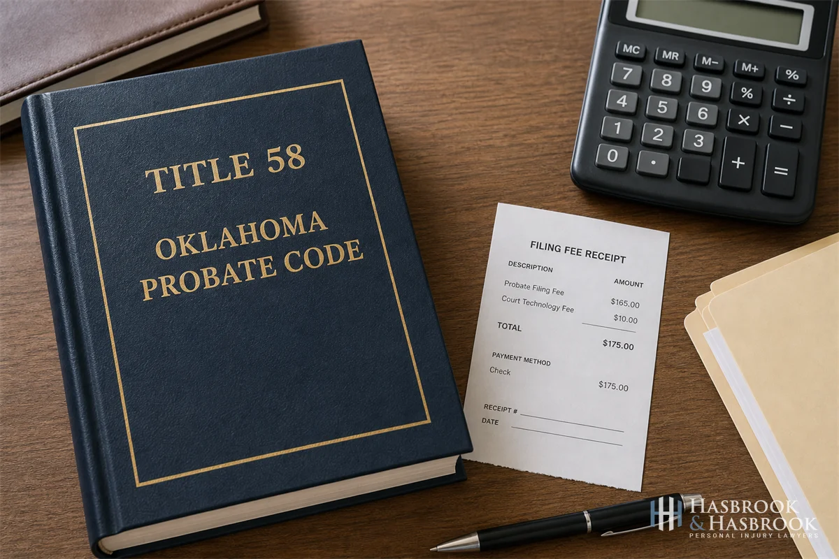 How to Open an Estate for a Wrongful Death Claim in Oklahoma 8 Title 58 Oklahoma probate code book on a desk next to a calculator and a filing-fee receipt, no faces