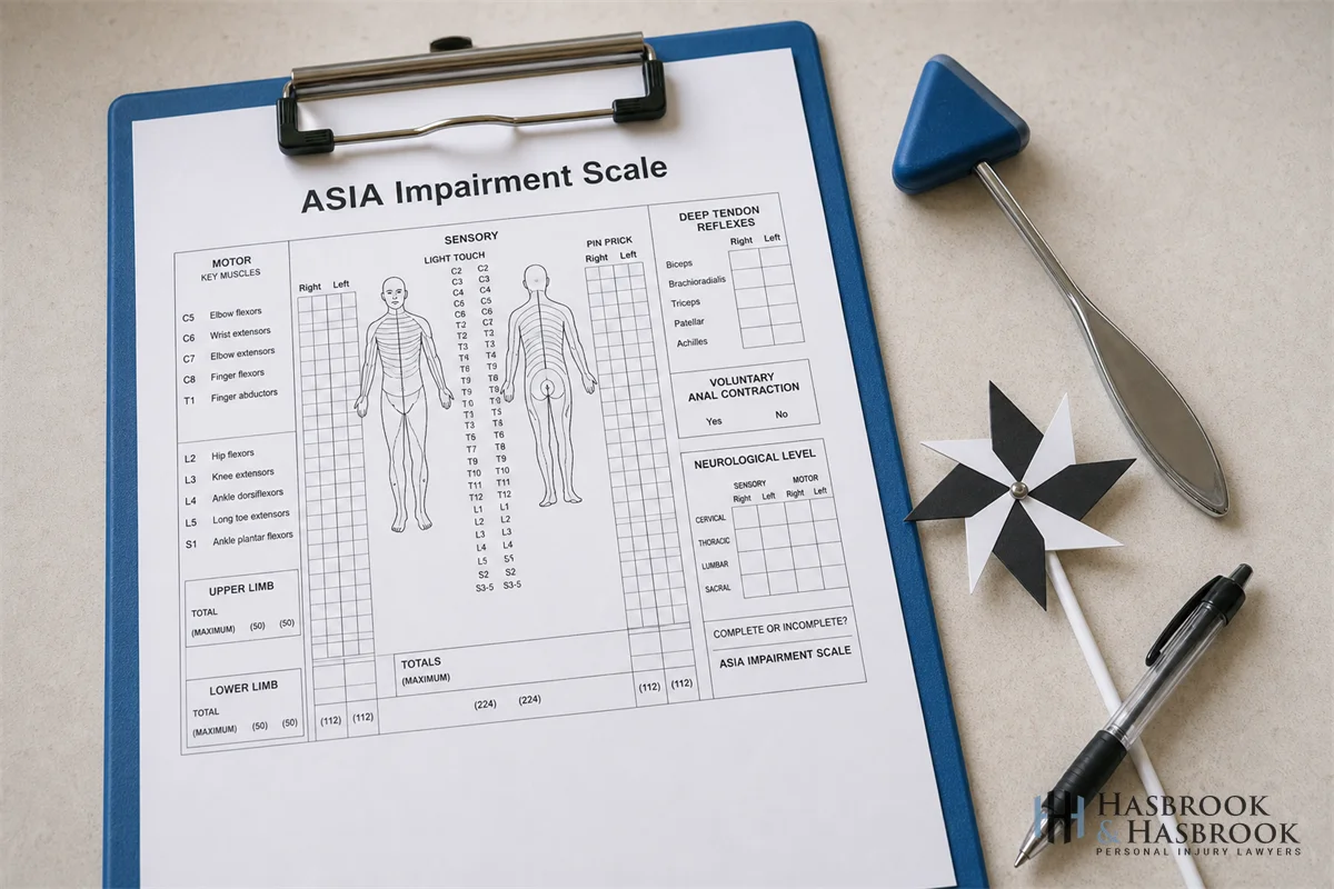 Incomplete vs Complete Spinal Cord Injuries 1 ASIA Impairment Scale evaluation chart on a clipboard with a reflex hammer and pinwheel