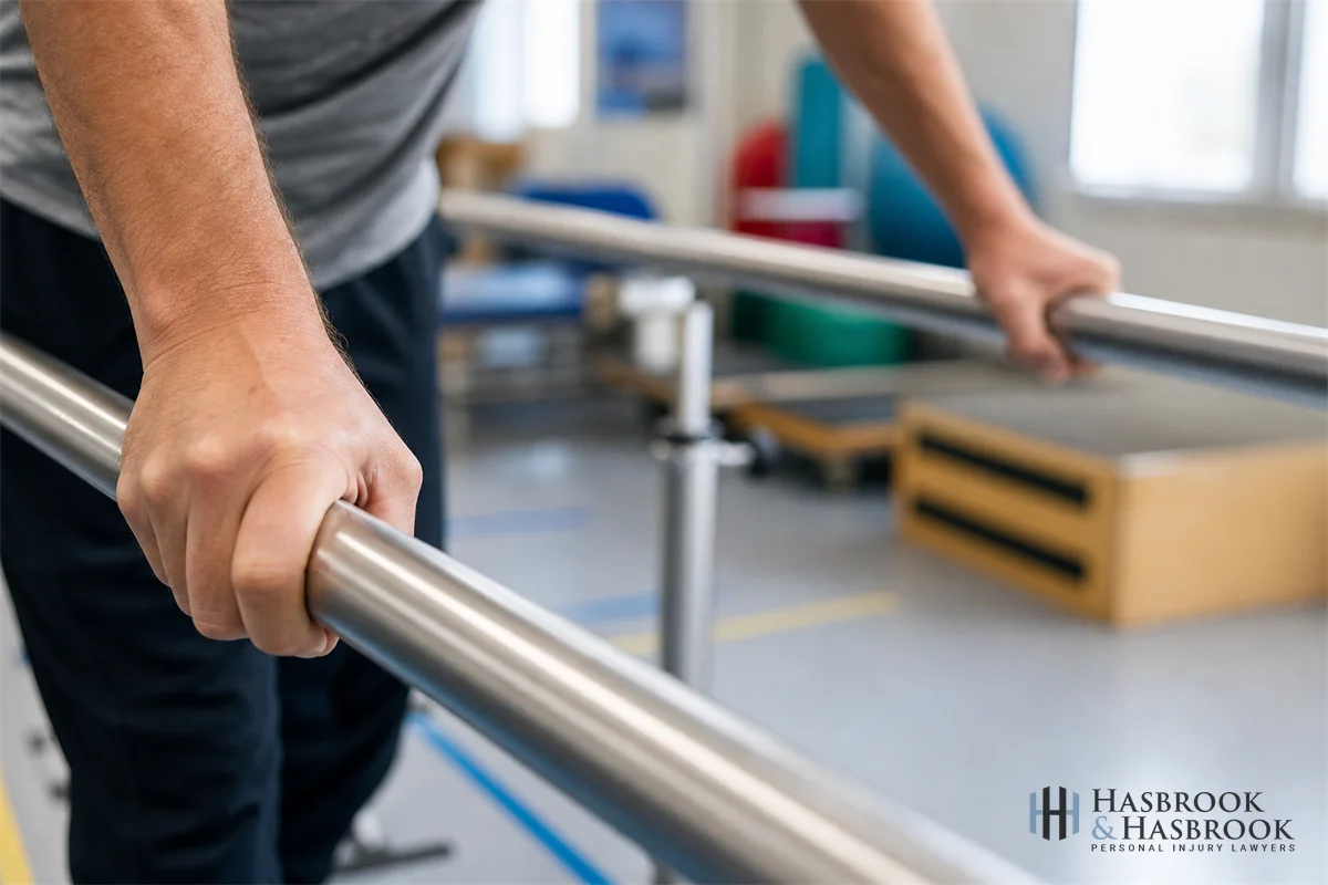 Incomplete vs Complete Spinal Cord Injuries 5 Hands gripping rehabilitation parallel bars during gait training, no faces visible
