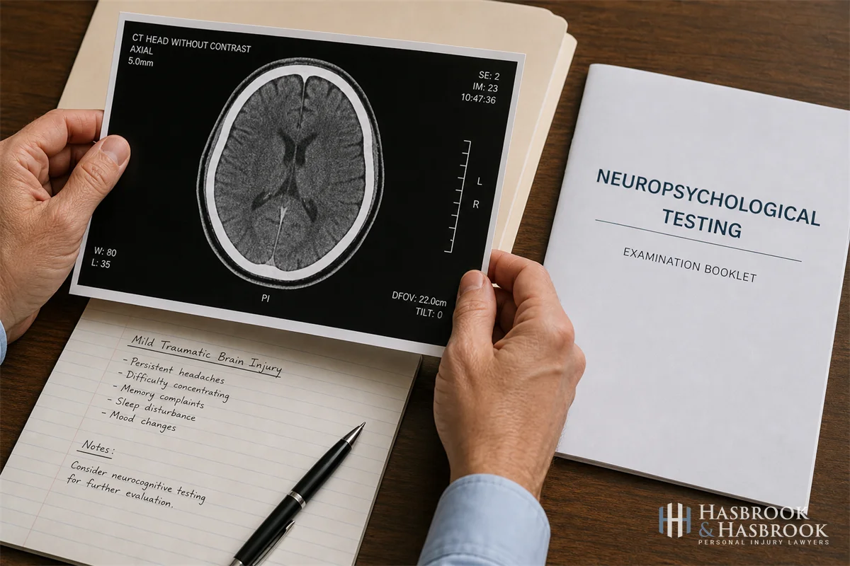 Hands reviewing CT scan printout next to closed neuropsychological test booklet on desk - illustrates indirect proof problem in mild TBI cases