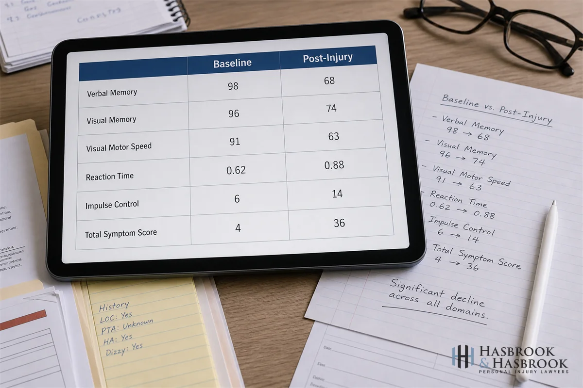 Spreadsheet on tablet showing baseline cognitive test scores beside post-injury scores with handwritten margin notes - illustrates ImPACT baseline-vs-post-injury comparison