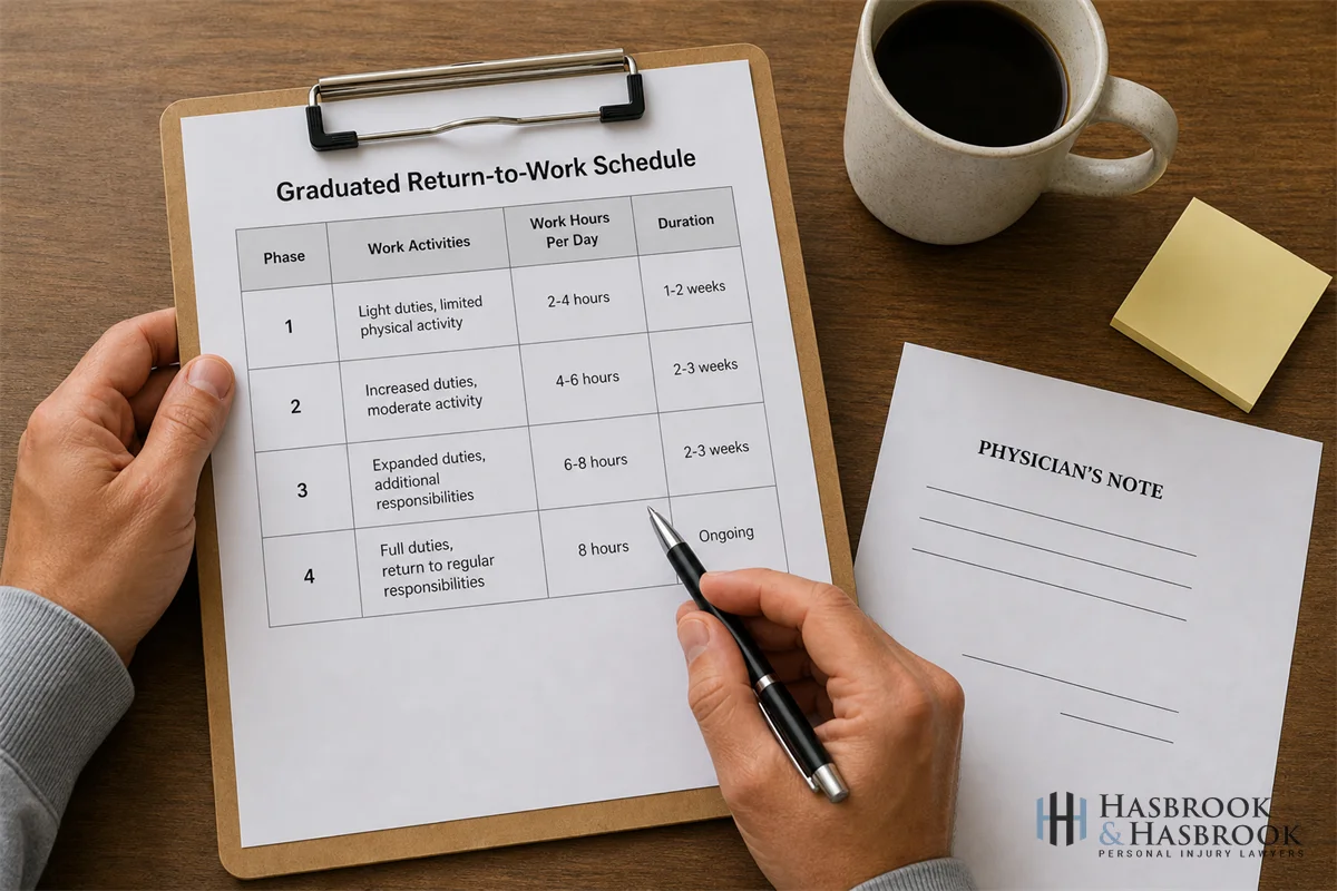 Return to Work After a Brain Injury | Oklahoma Guide 1 hands reviewing a graduated return-to-work schedule on a clipboard, alongside a coffee mug and physician's note