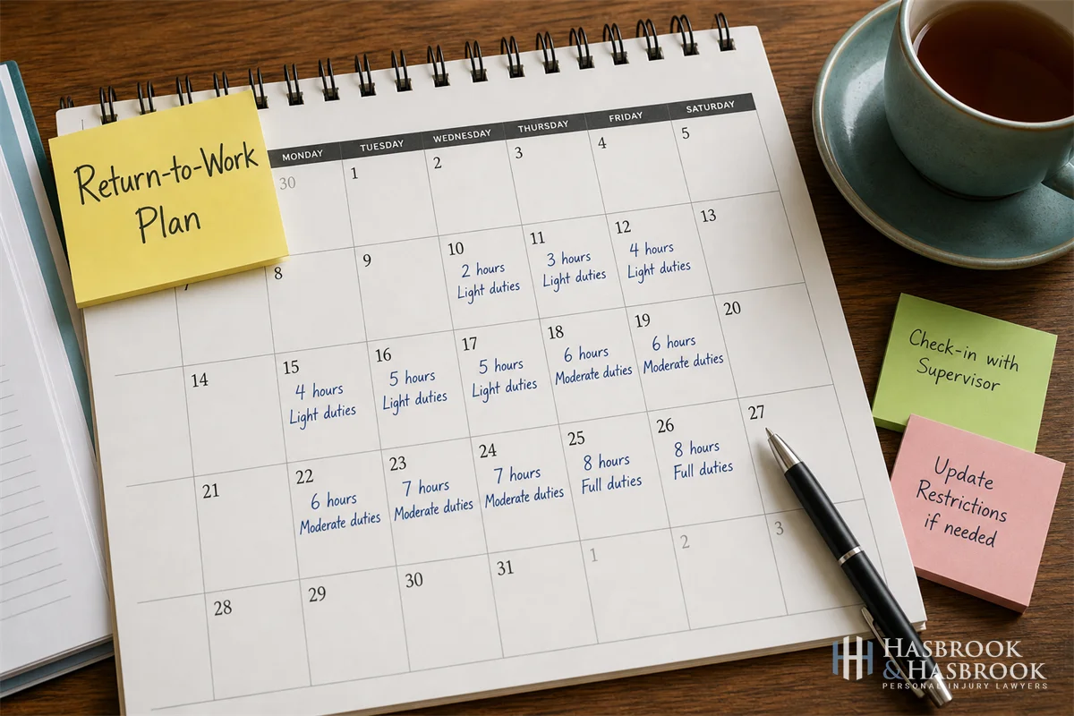 Return to Work After a Brain Injury | Oklahoma Guide 5 close-up of a desk calendar with a graduated return-to-work plan written in pen, sticky notes labeling tasks, and a cup of tea