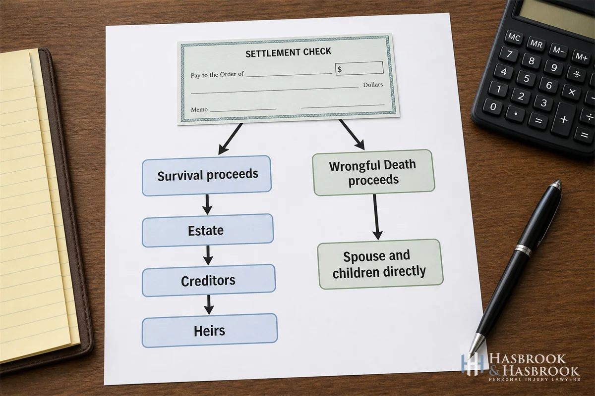 a flowchart on a desk showing two arrows from a settlement check, one labeled "Survival proceeds &rarr; Estate &rarr; Creditors &rarr; Heirs" and the other labeled "Wrongful Death proceeds &rarr; Spouse and children directly"