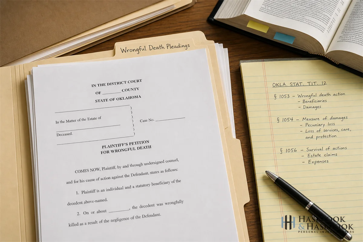 Probate court file folder with wrongful death pleadings and statutory citations on a desk