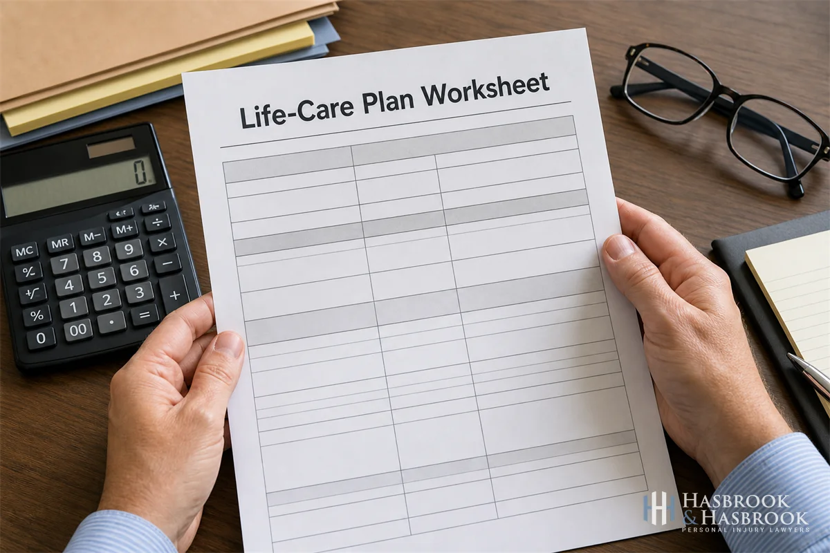 What Is the Life Expectancy After a Catastrophic Injury? 1 Hands holding a printed life-care-plan worksheet on a desk next to a calculator and reading glasses