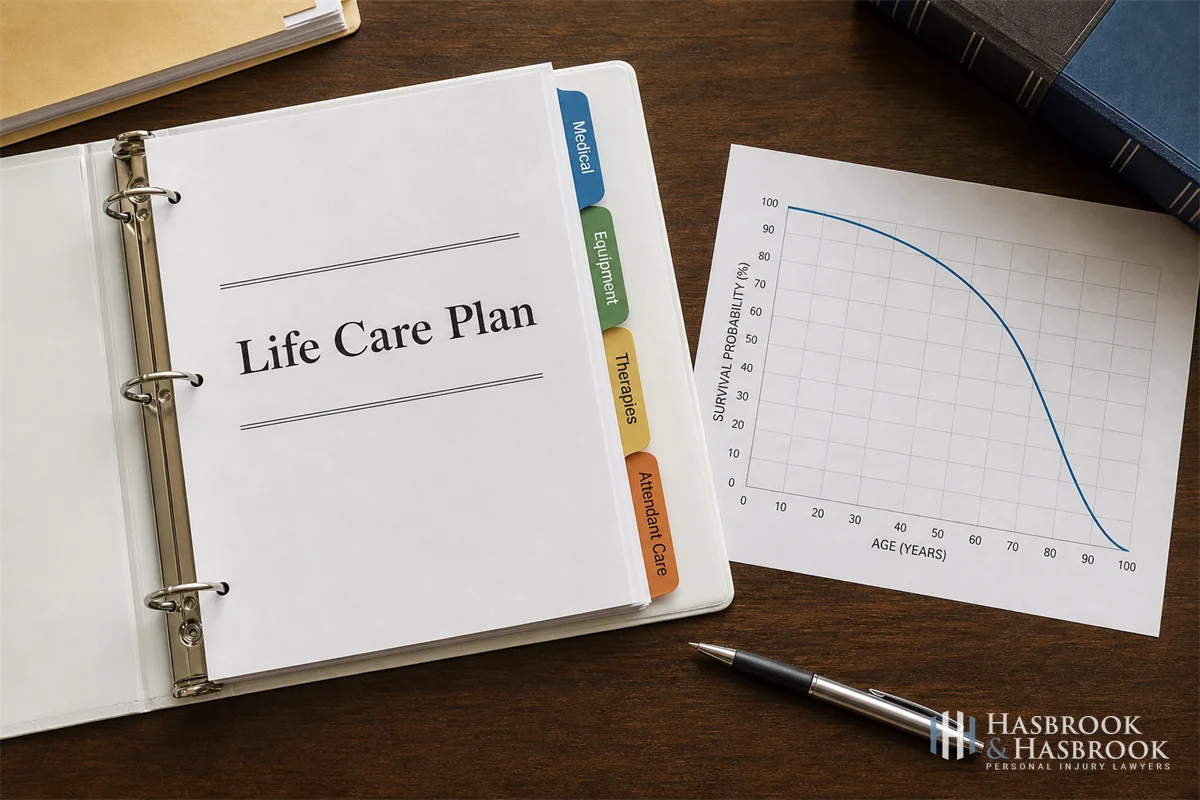 What Is the Life Expectancy After a Catastrophic Injury? 5 Open three-ring binder labeled "Life Care Plan" with tabs for Medical, Equipment, Therapies, Attendant Care, and a printed mortality-curve graph on the desk