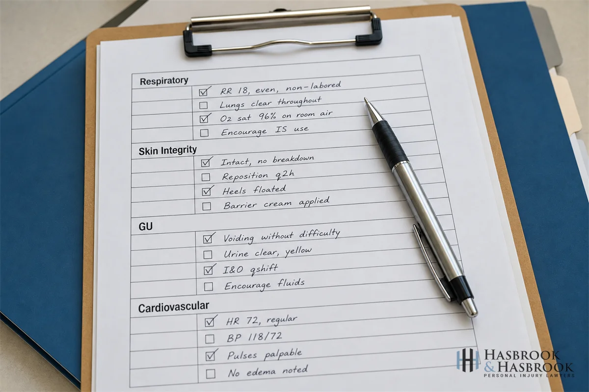 What Is the Life Expectancy After a Catastrophic Injury? 9 Annotated medical chart sheet on a clipboard showing categories like "Respiratory," "Skin Integrity," "GU," "Cardiovascular" with check boxes