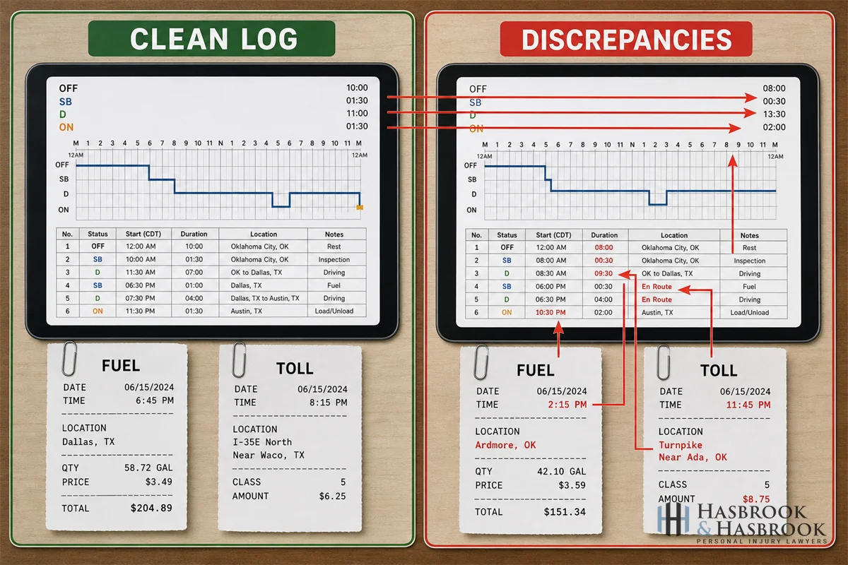 Side-by-side comparison graphic showing a clean ELD log on the left and a falsified log on the right, with red arrows highlighting discrepancies between log entries, fuel receipts, and toll records.