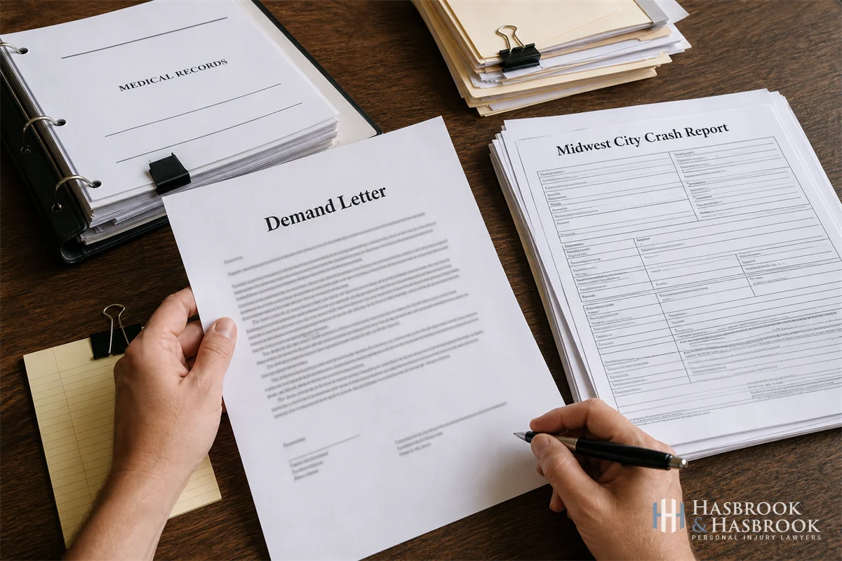 Midwest City Distracted Driving Accident Attorney 8 Hands reviewing a demand letter on a desk with medical records and a Midwest City crash report