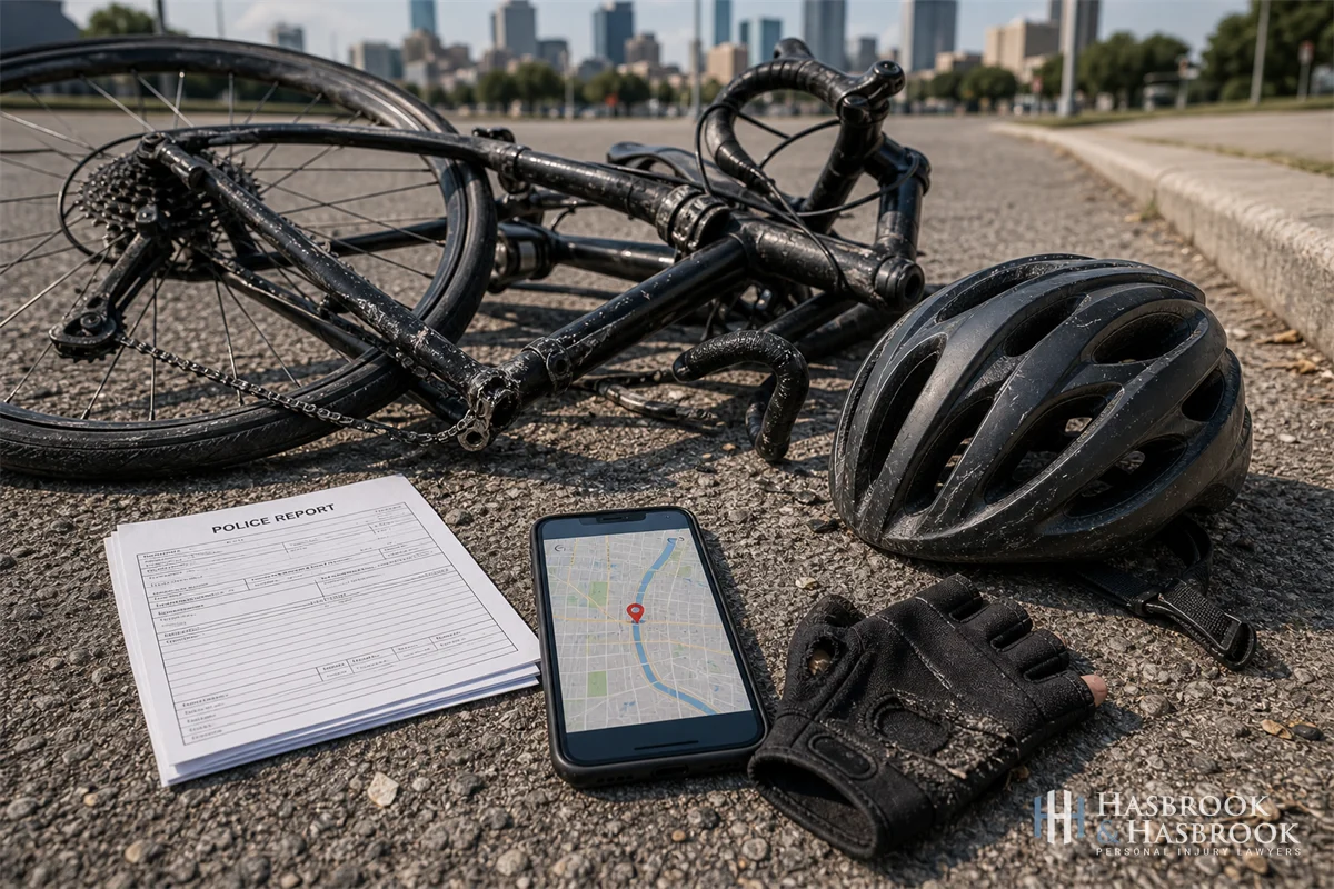 object-scene composition of a damaged bicycle, helmet, and torn cycling glove laid out on Oklahoma asphalt next to a folded police report and an iPhone showing a map pin near downtown OKC