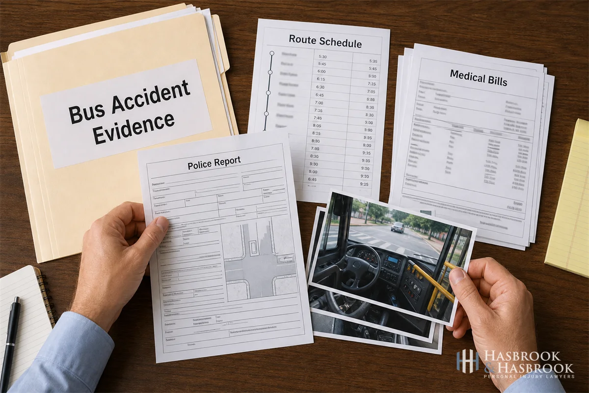 Hands organizing bus accident evidence: police report, medical bills, route schedule, and dashboard photos