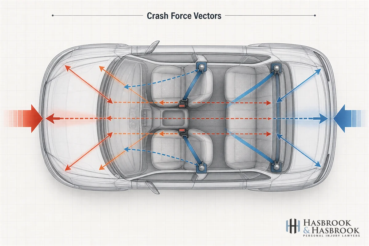 An object-only diagram of crash-force vectors - vehicle outline, seatbelt anchor points, and arrows showing energy transfer.