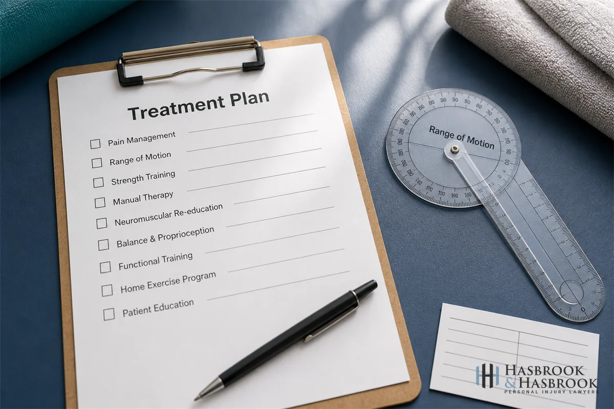 A close-up of a physical therapist's clipboard with treatment-plan checkboxes, range-of-motion goniometer on a desk, no faces.