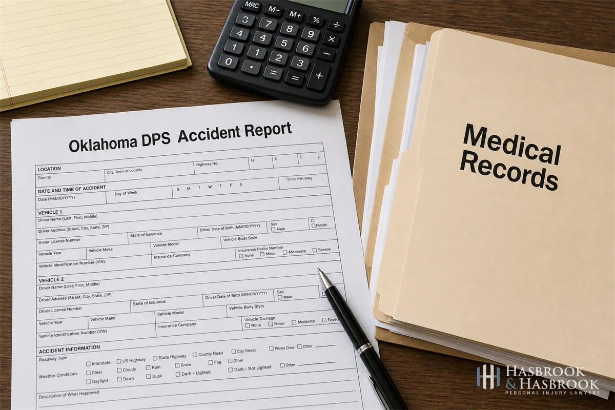 An object scene of an Oklahoma DPS accident-report form on a desk with a pen, calculator, and a folder labeled "medical records." No people.