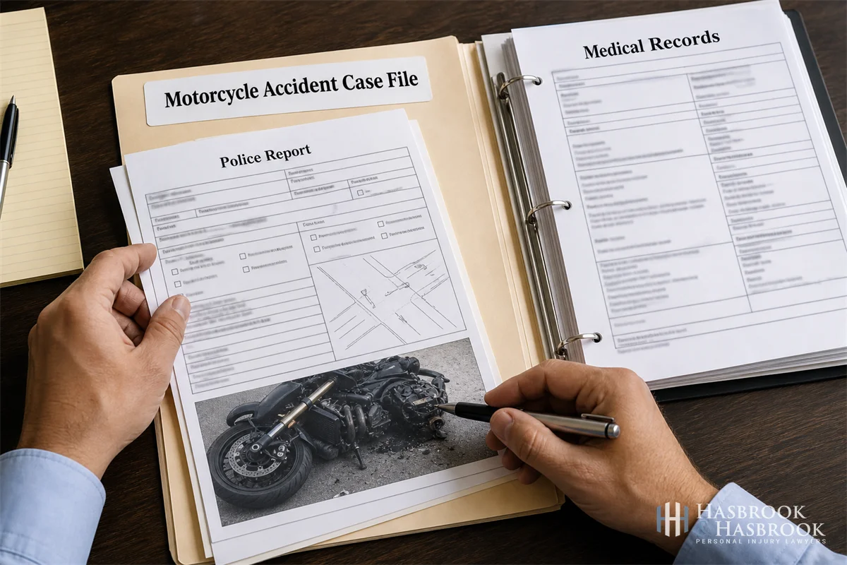 Oklahoma City Motorcycle Accident Lawyer 5 hands reviewing motorcycle accident case file with police report and medical records on desk