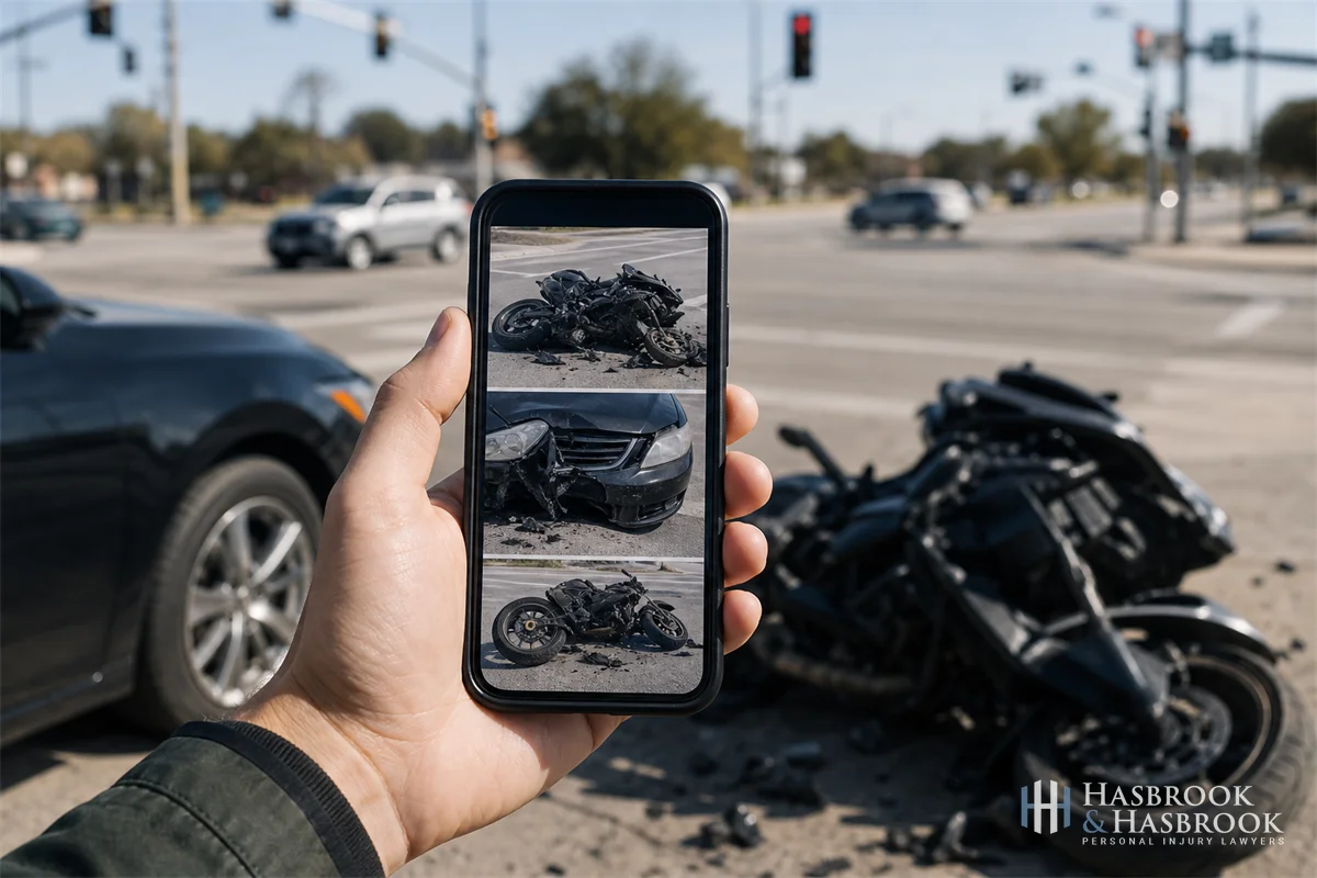 Oklahoma City Motorcycle Accident Lawyer 15 hand holding smartphone showing crash photos at intersection scene